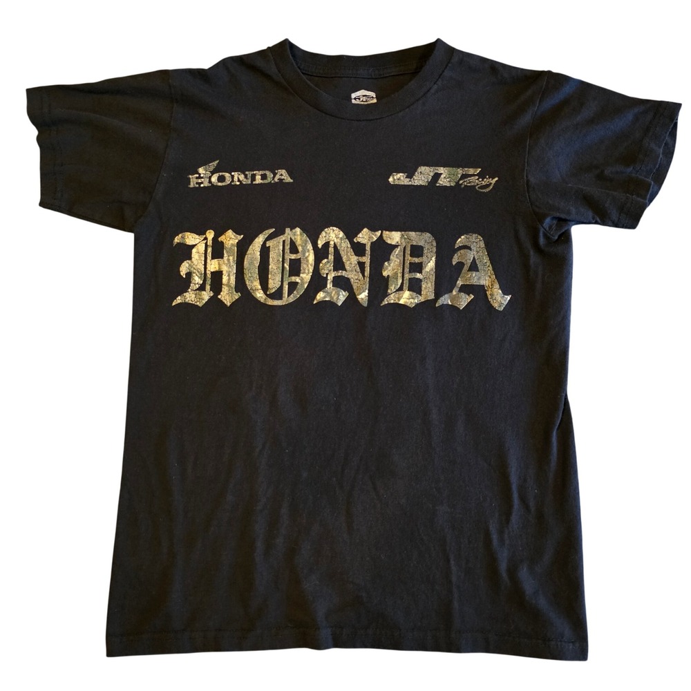 Honda JT Racing Graphic T-Shirt Black Camo Foil Print Size Small Old English 95
